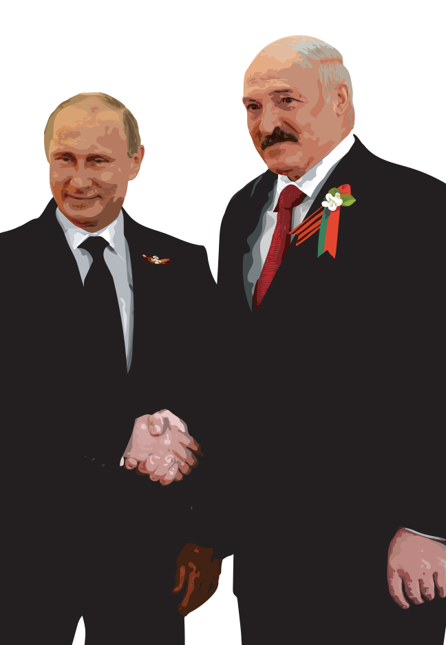Lukashenko shaking hands with Vladimir Putin